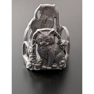 Vintage Candle Holder Carson 1997 Pewter Cat Motif for Glass Jar Candles 2.5"